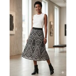 Banana Republic Geo Lace A-Line Midi‎ Skirt Sz 2 Black White Eyelet Boho Career